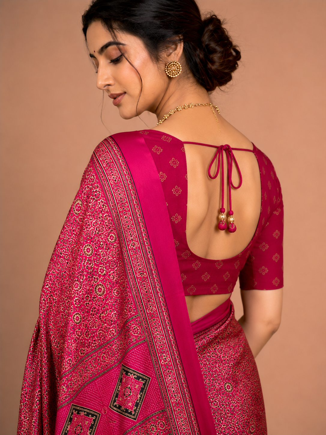 Pink Geometric Semi-Modal Ajrakh Mirror Work Saree