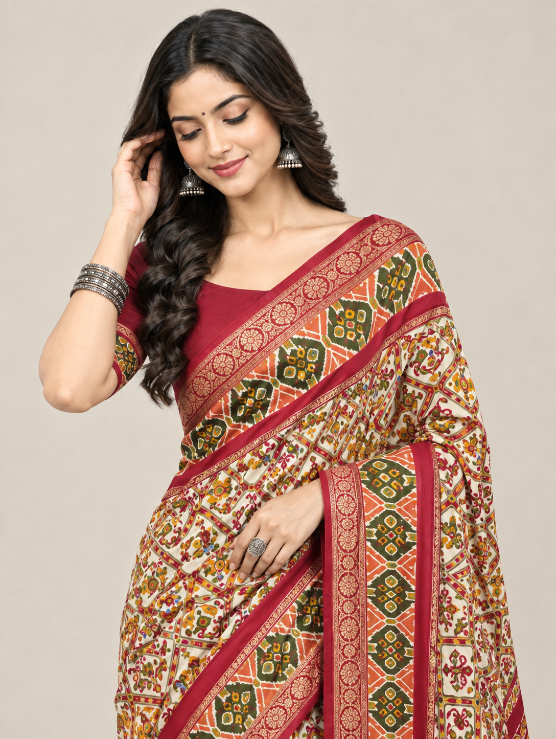 Cream & Maroon Pure Cotton Saree with Geometric Print