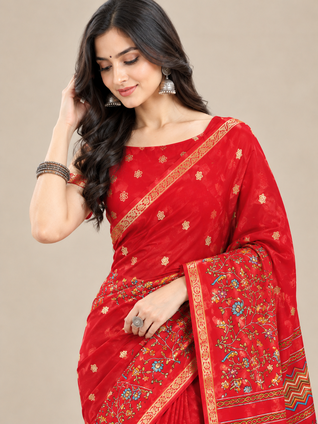 Red Dolla Silk Butti Saree with Floral Gap Border