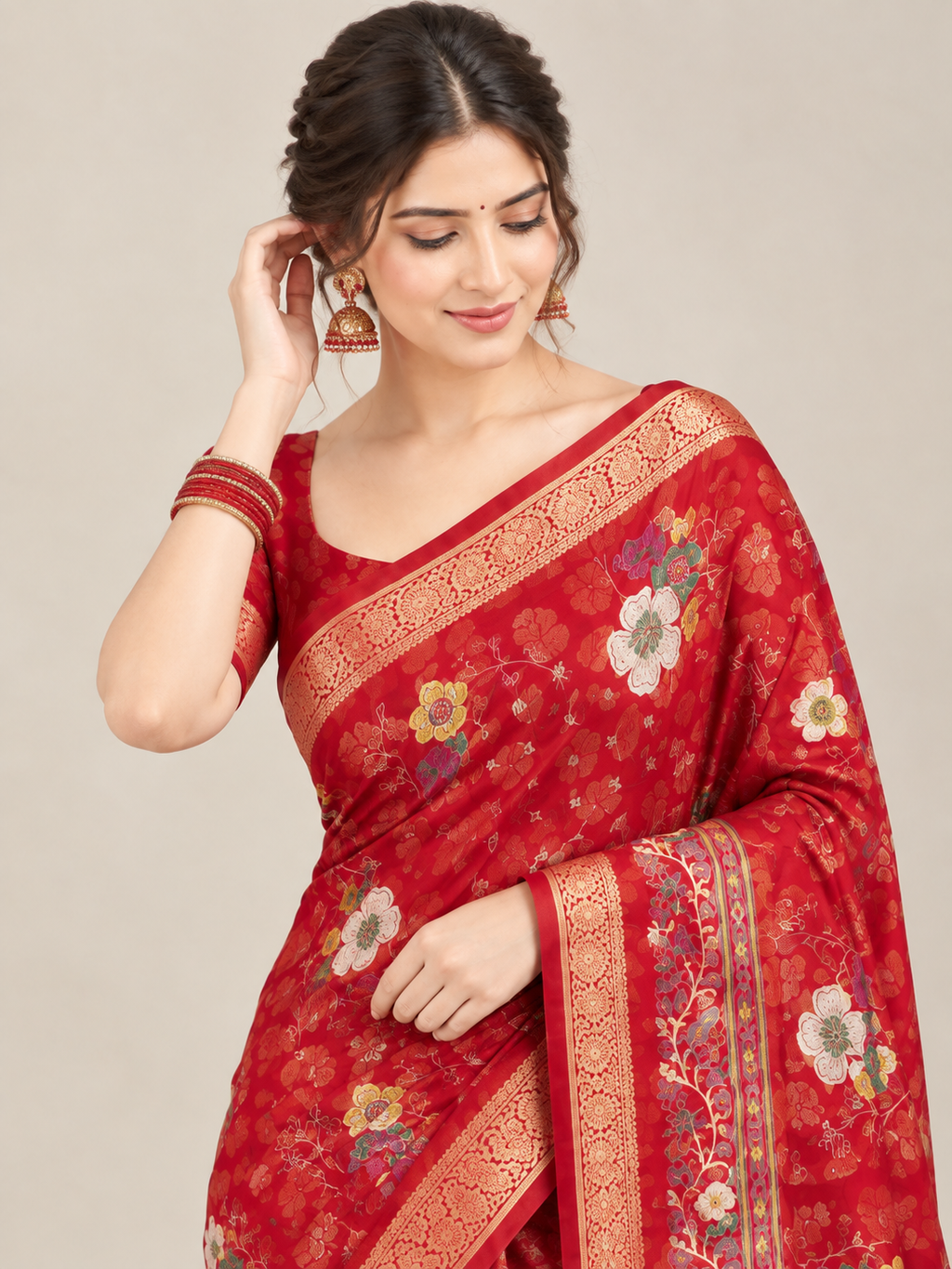 Red Large Floral Print Saree with Golden Border