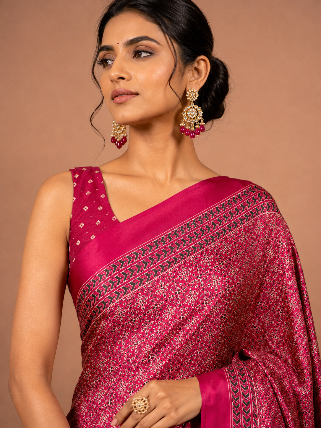 Magenta Semi-Modal Ajrakh Saree with Elephant Motif Pallu