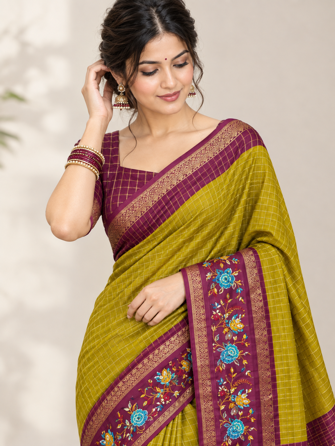 Olive Green Check Saree with Wine Floral Border