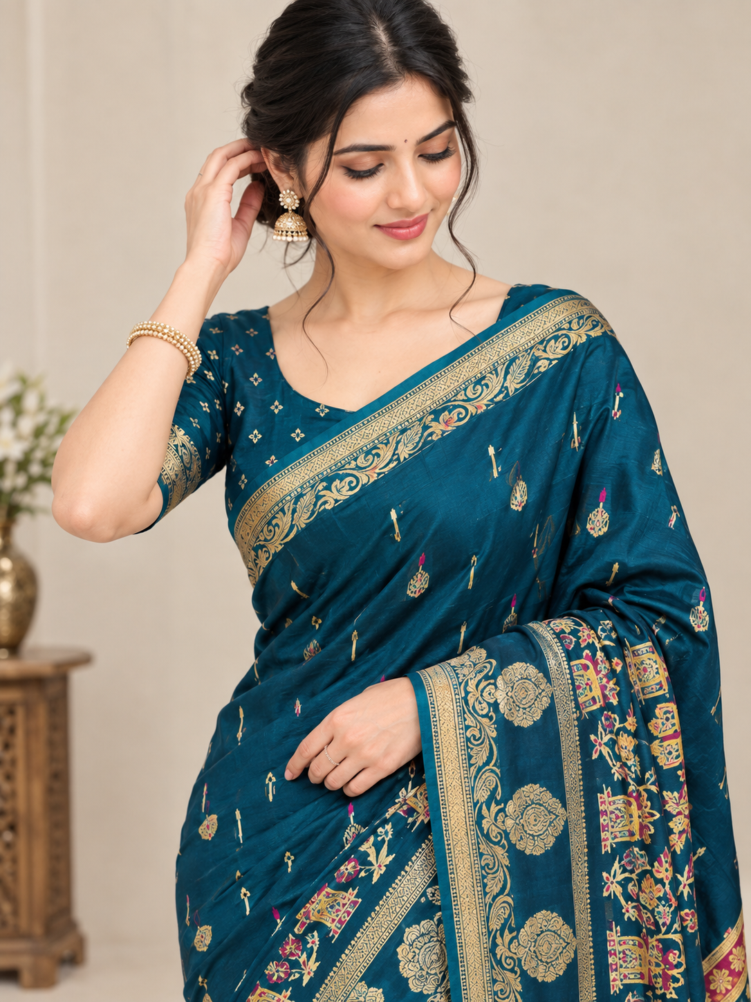 Teal Blue Chinnon Butti Saree with Jacquard Border
