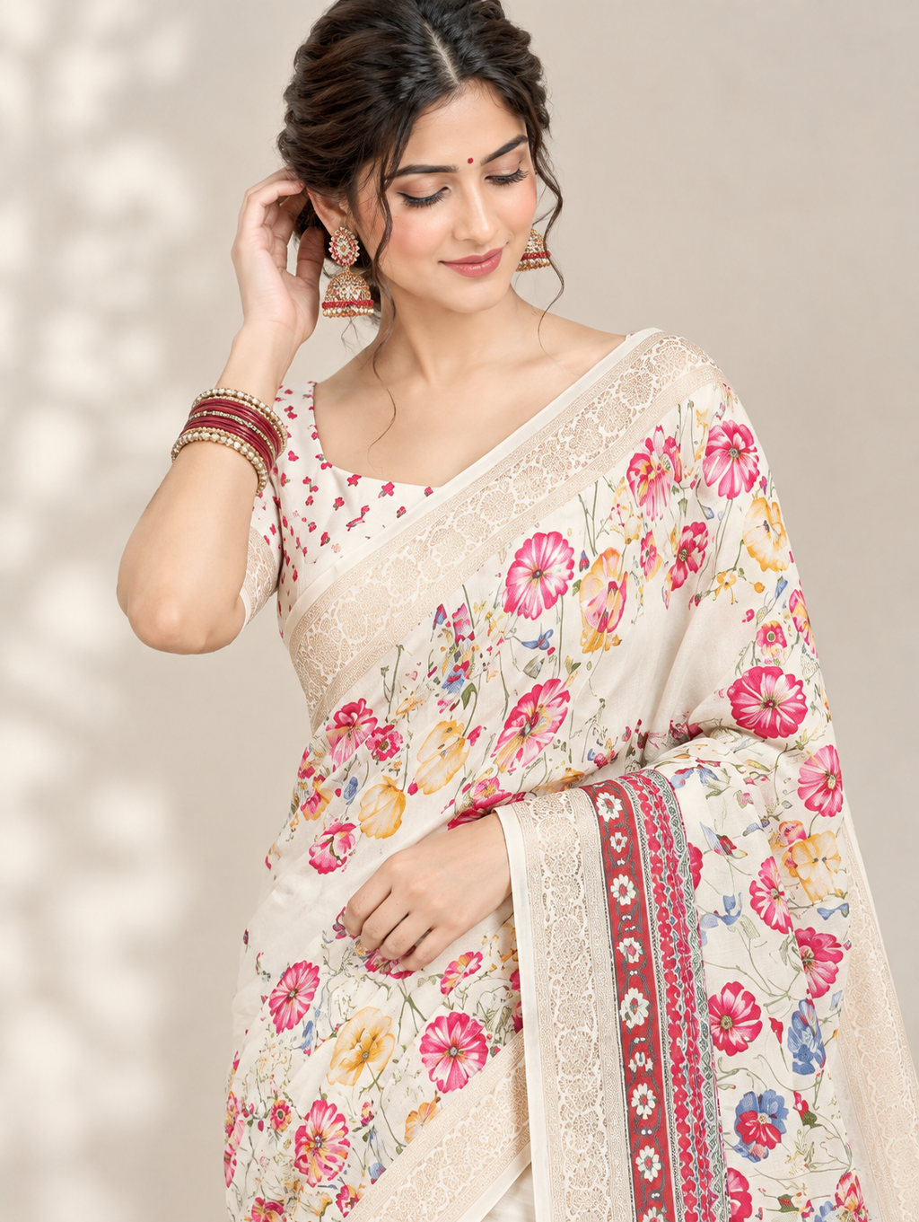 Ivory Pink Floral Saree with Maroon Decorative Border