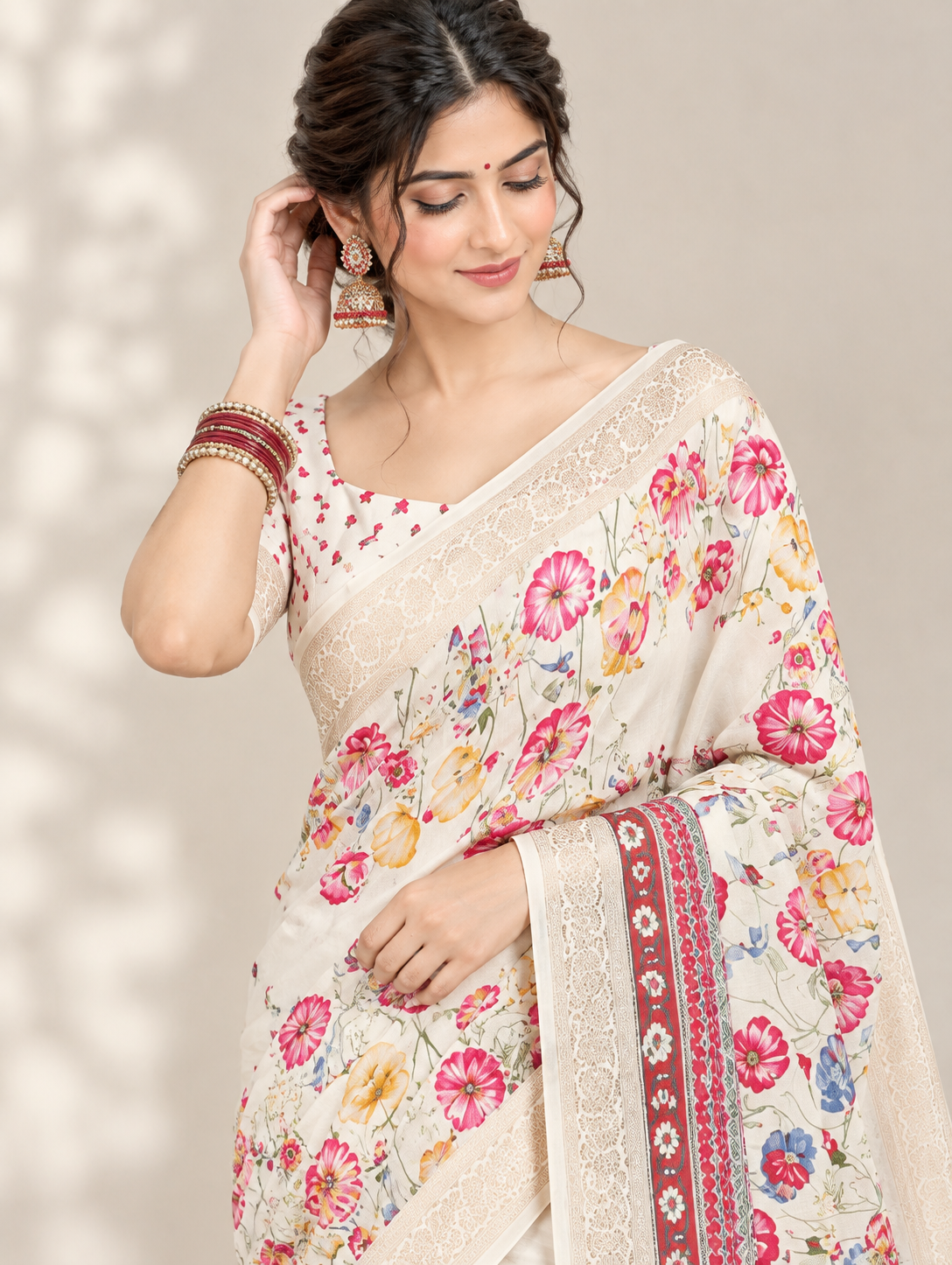Ivory Pink Floral Saree with Maroon Decorative Border