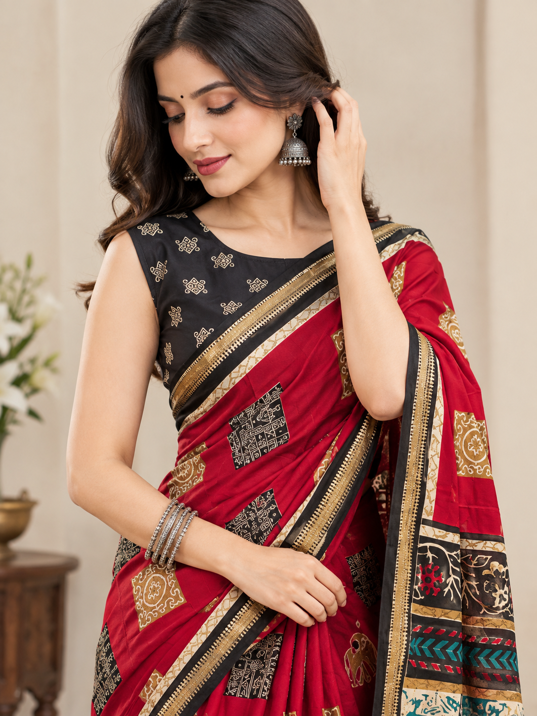 Red Square Motif Saree with Black Elephant Pallu