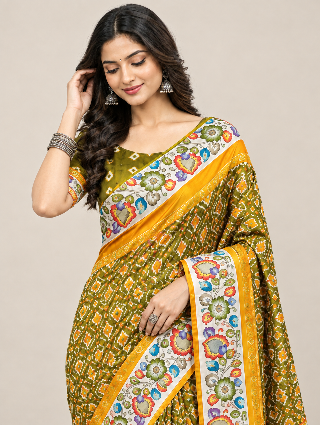 Green & Mustard Pure Cotton Saree with Floral Border