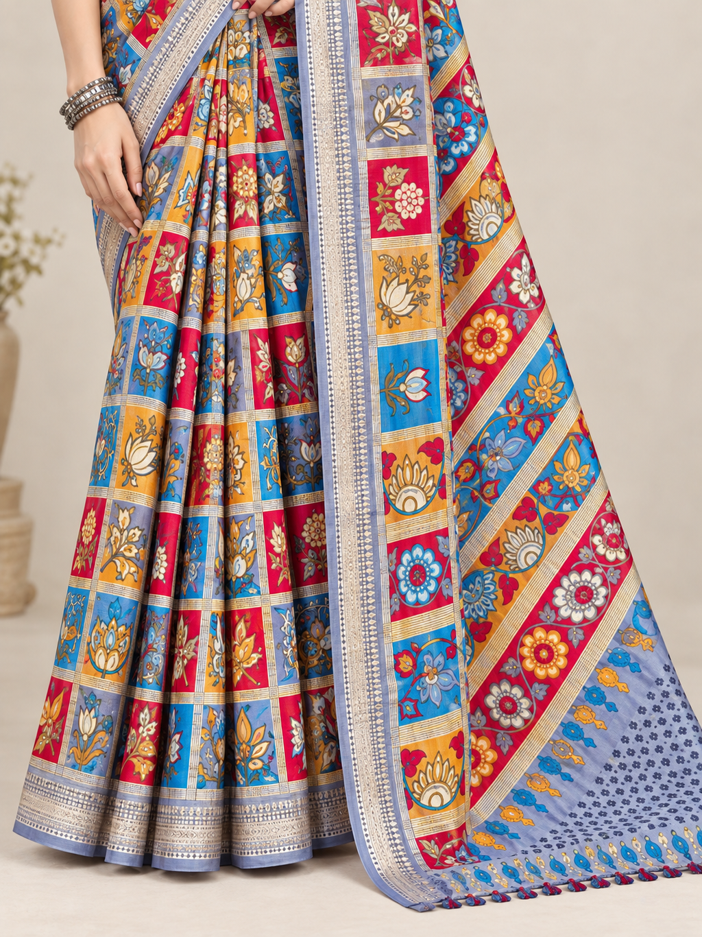 Blue Multicolour Floral Patchwork Print Saree
