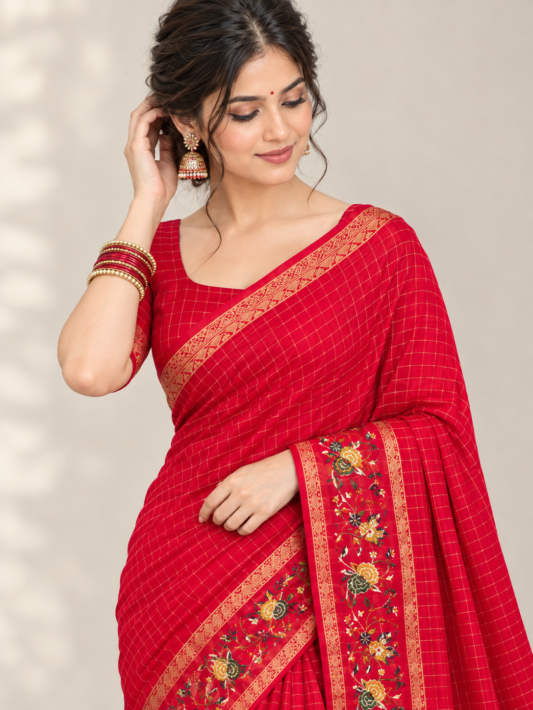 Red Check Weave Saree with Floral Border & Pallu