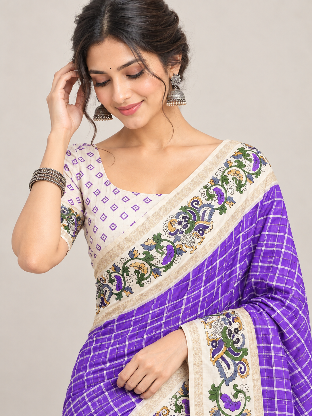Purple Check Marshmallow Saree with Floral Bentex Borders