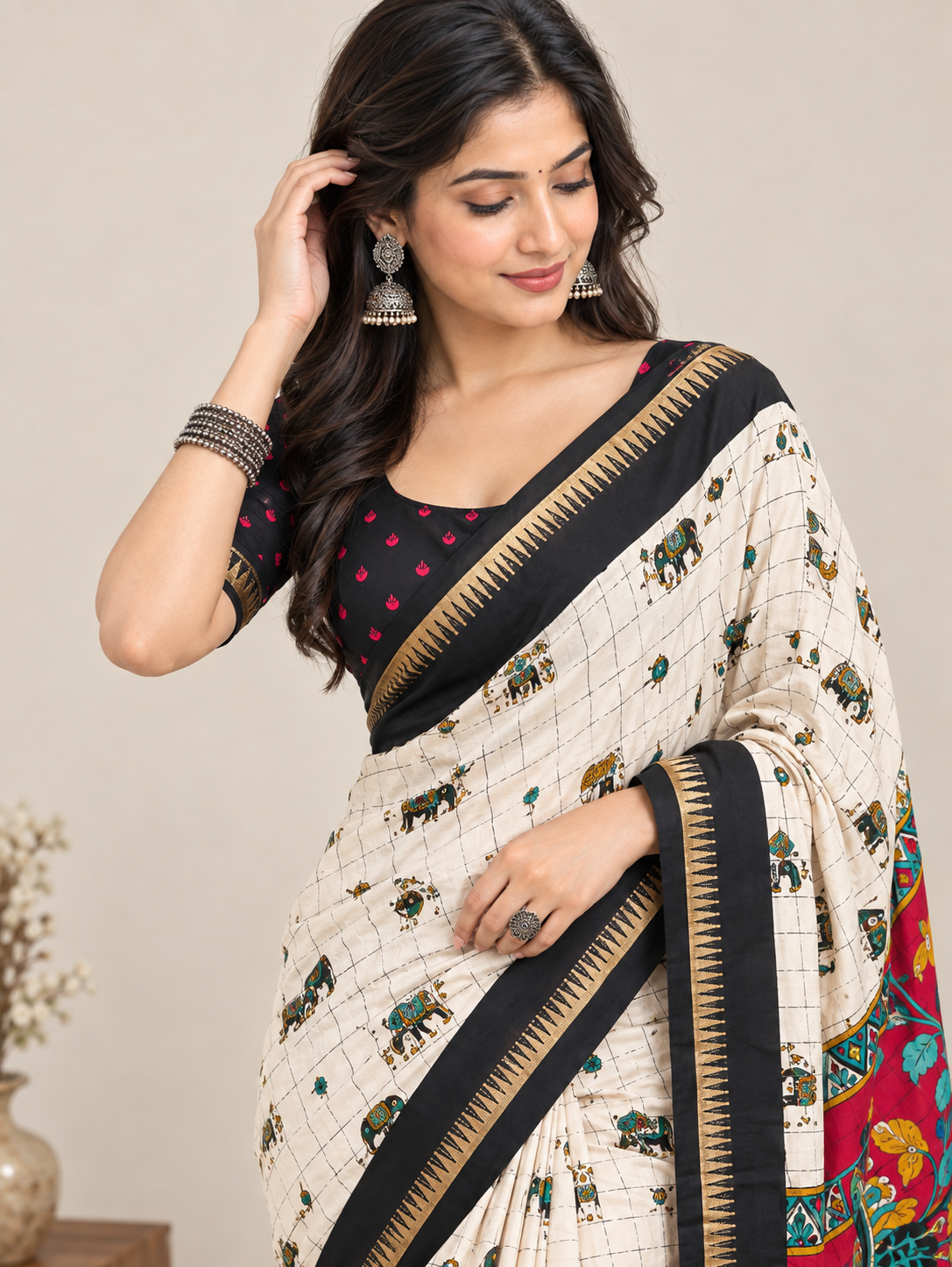 Cream Elephant Print Dolla Silk Saree with Colourful Pallu