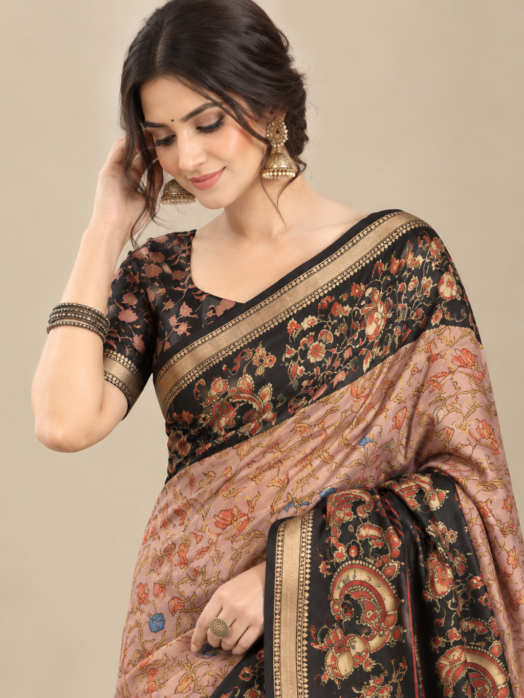Peach Printed Black Yarn Dolla Saree with Black Floral Border