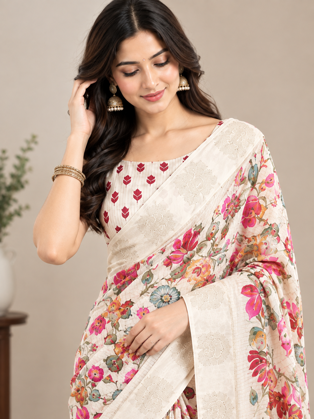Ivory Floral Dolla Silk Jacquard Saree with Butta Border