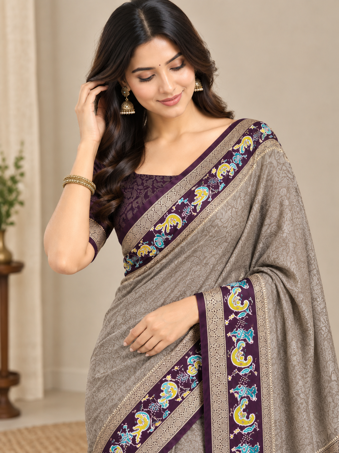 Grey Barcode Silk Saree with Purple Bentex Borders