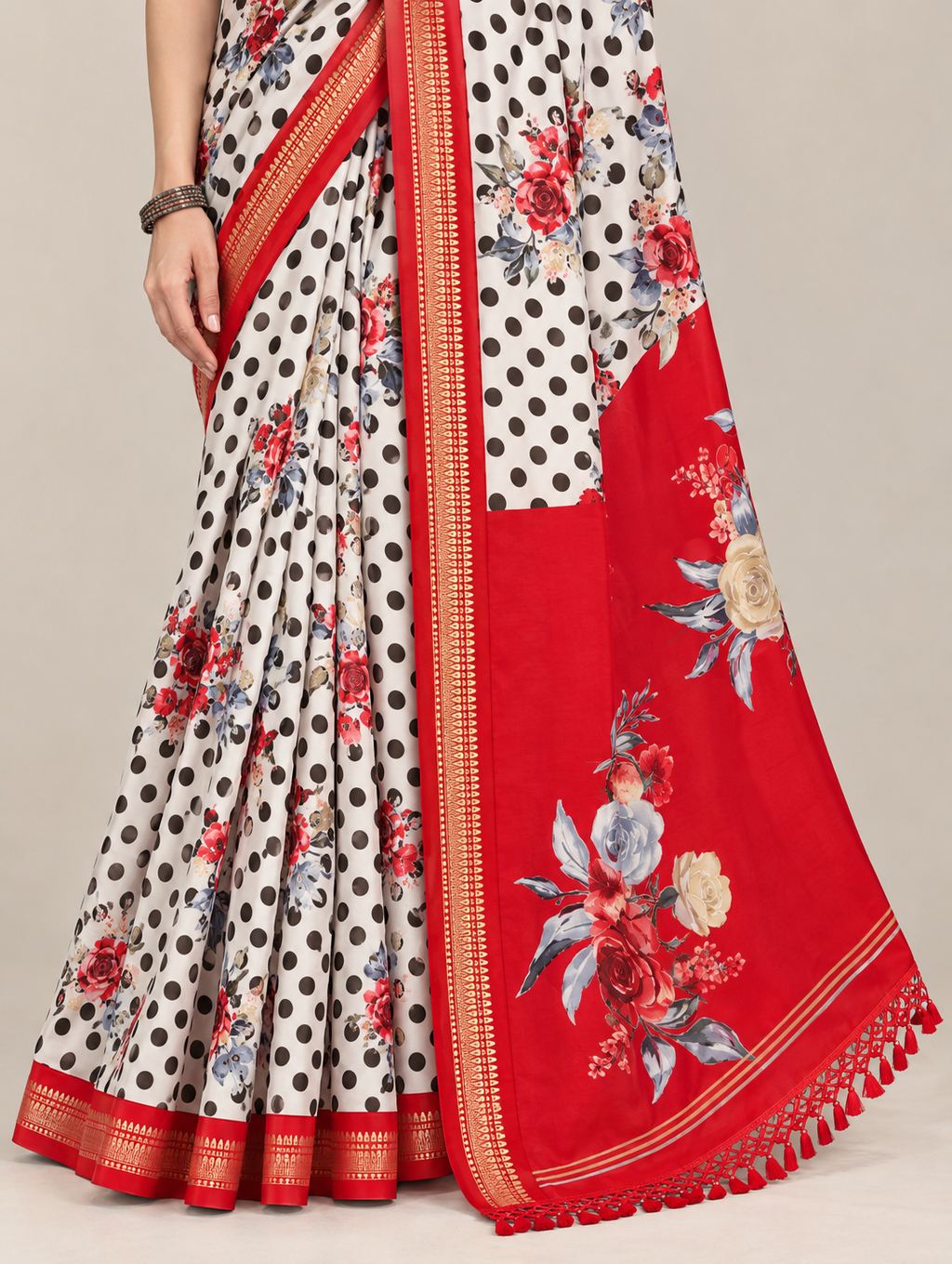 White Polka Dot Floral Saree with Red Border & Pallu