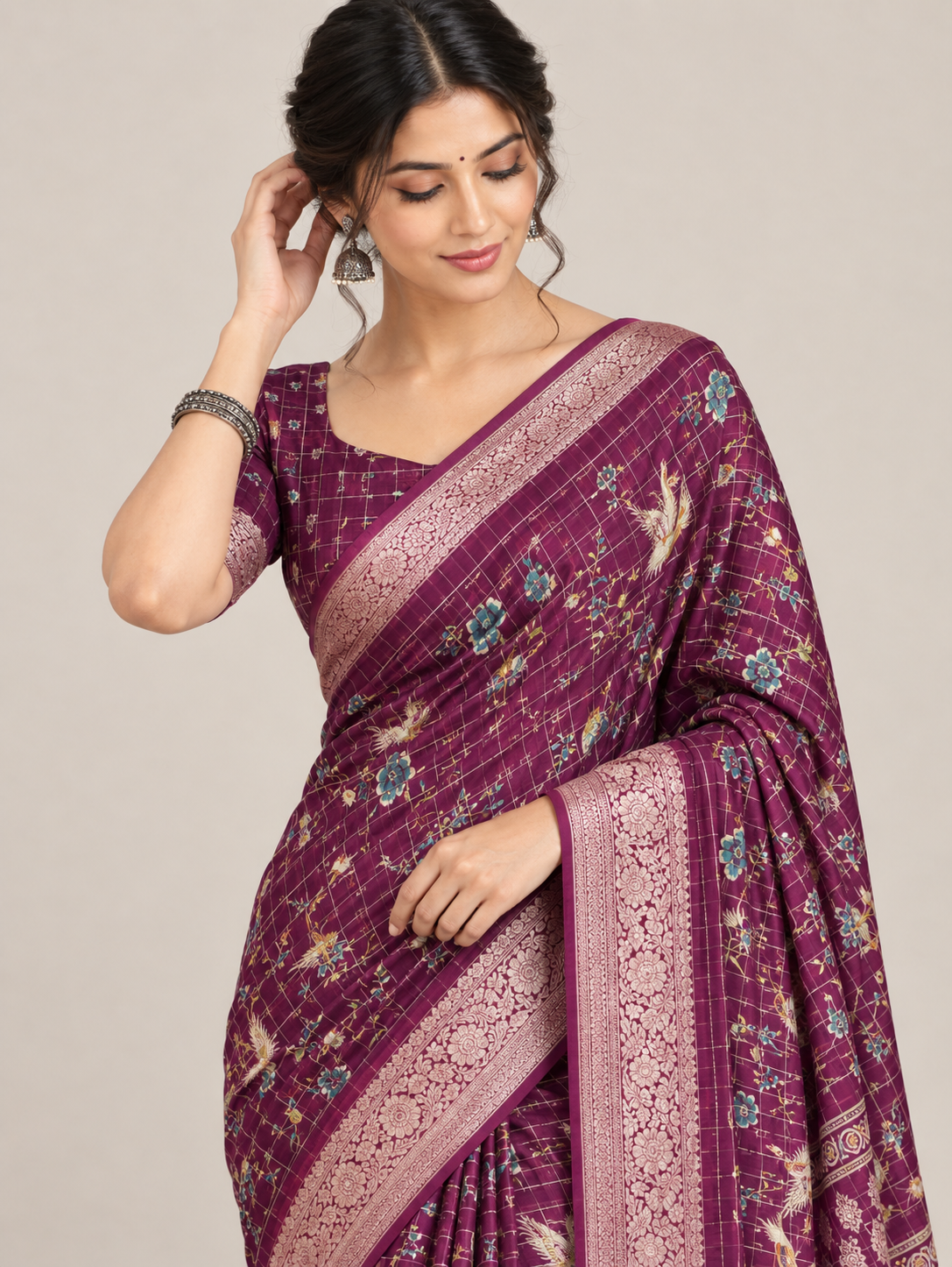 Wine Chinnon Check Saree with 5-Inch Jacquard Border