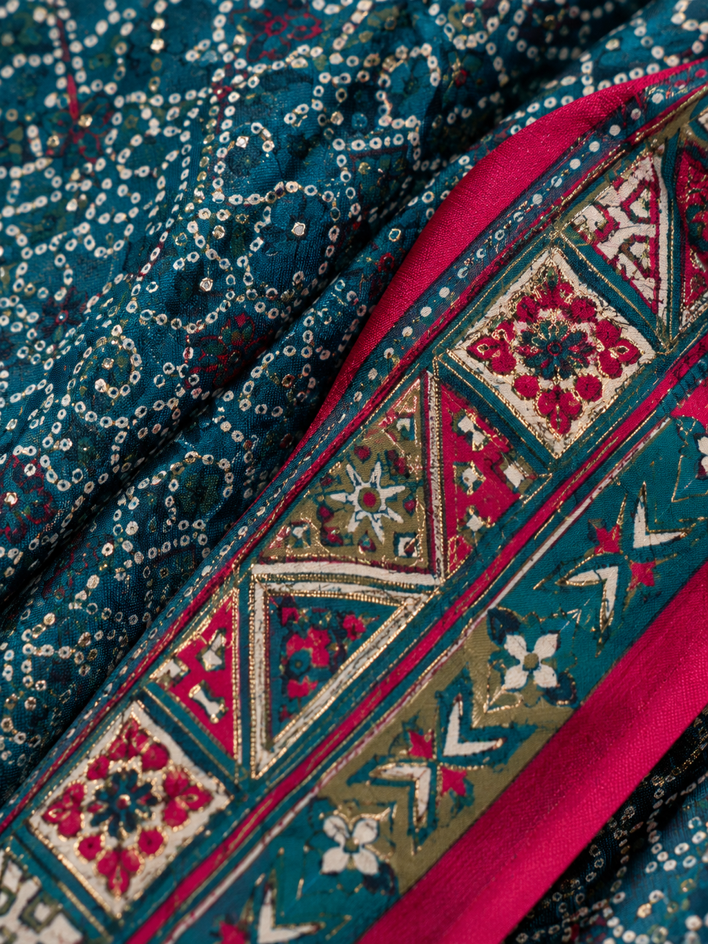 Teal Blue Semi-Modal Ajrakh Saree with Pink Border