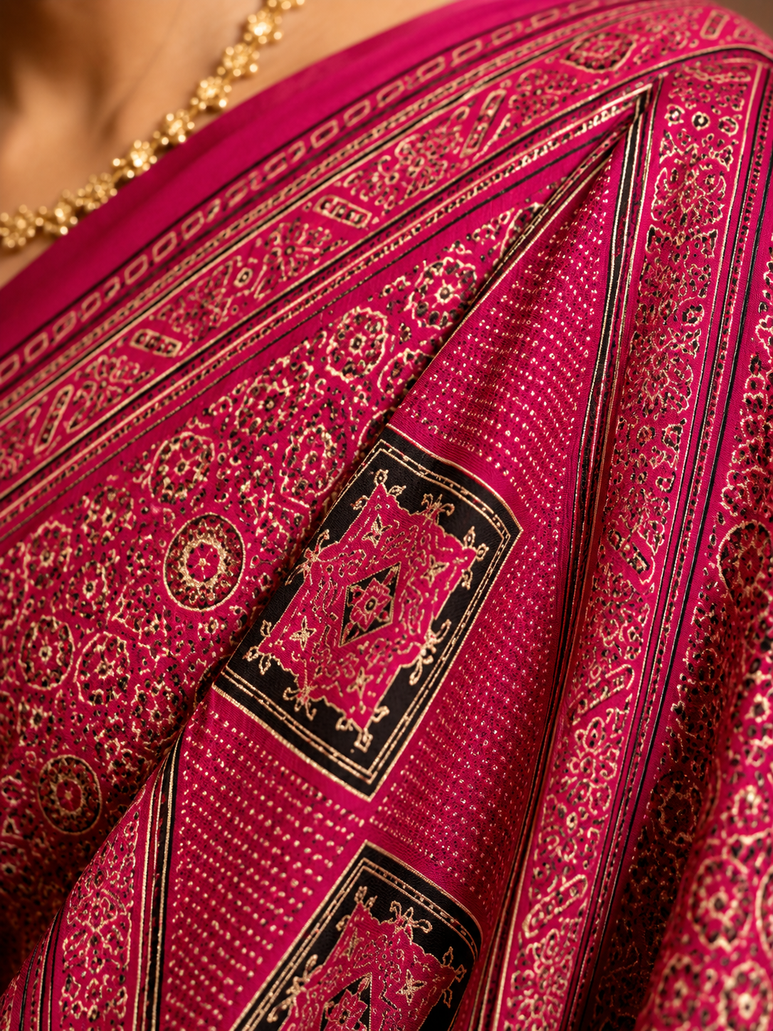 Pink Geometric Semi-Modal Ajrakh Mirror Work Saree
