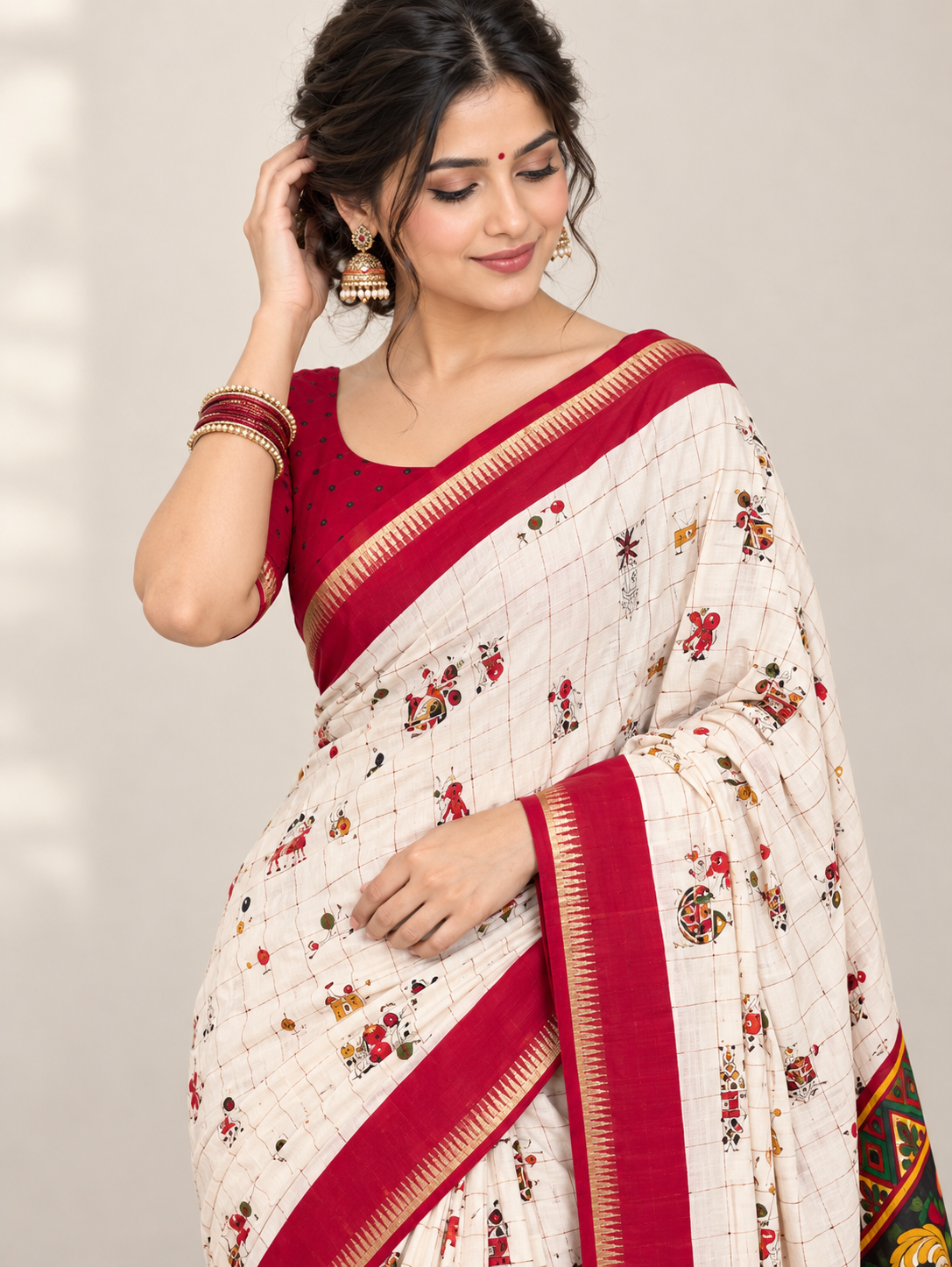Cream Check Printed Saree with Red Border & Artistic Pallu