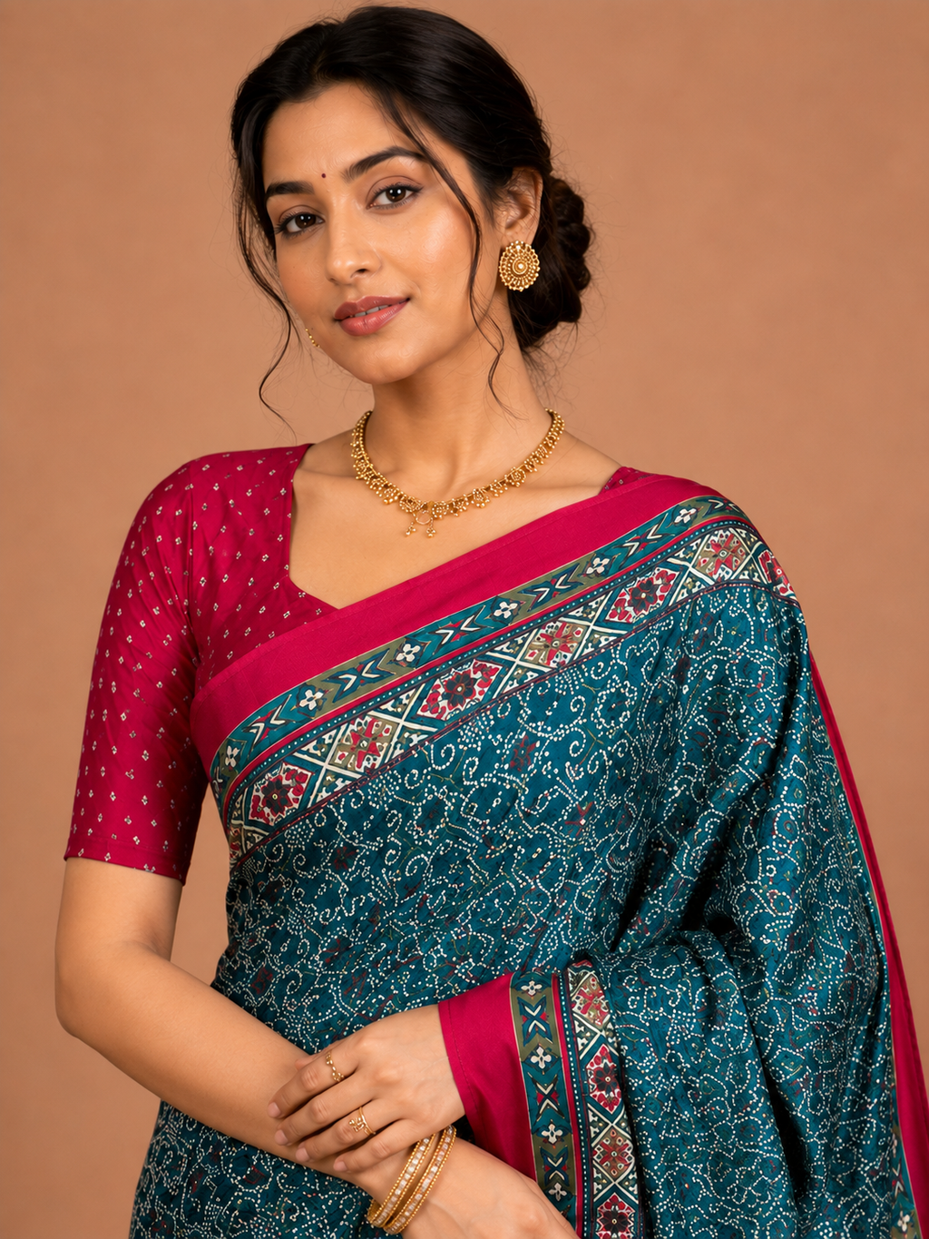 Teal Blue Semi-Modal Ajrakh Saree with Pink Border