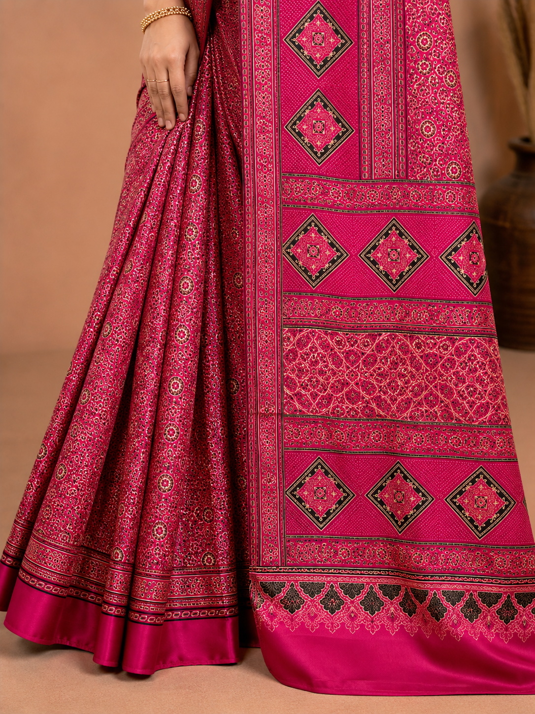 Pink Geometric Semi-Modal Ajrakh Mirror Work Saree