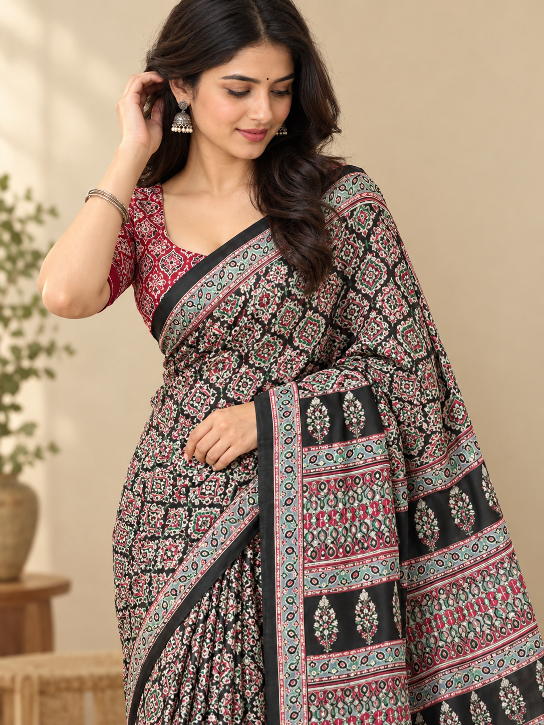 Black Geometric Semi-Modal Ajrakh Saree with Paisley Pallu