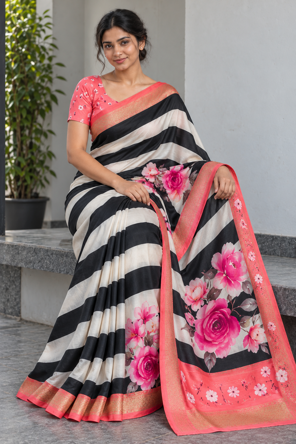 Mangalgiri Silk Saree – Black & White Zebra Stripes with Coral Floral Pallu