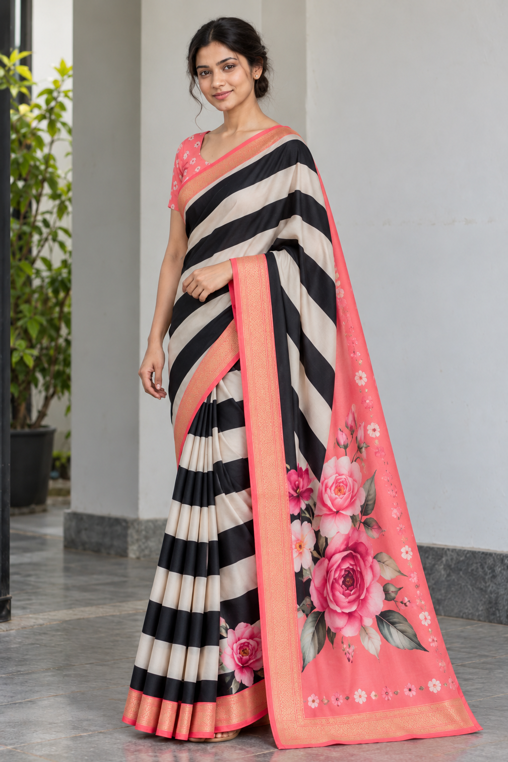 Mangalgiri Silk Saree – Black & White Zebra Stripes with Coral Floral Pallu