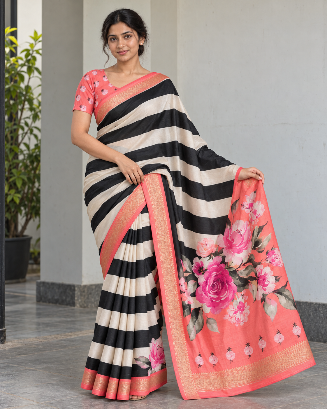 Mangalgiri Silk Saree – Black & White Zebra Stripes with Coral Floral Pallu