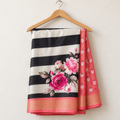 Mangalgiri Silk Saree – Black & White Zebra Stripes with Coral Floral Pallu