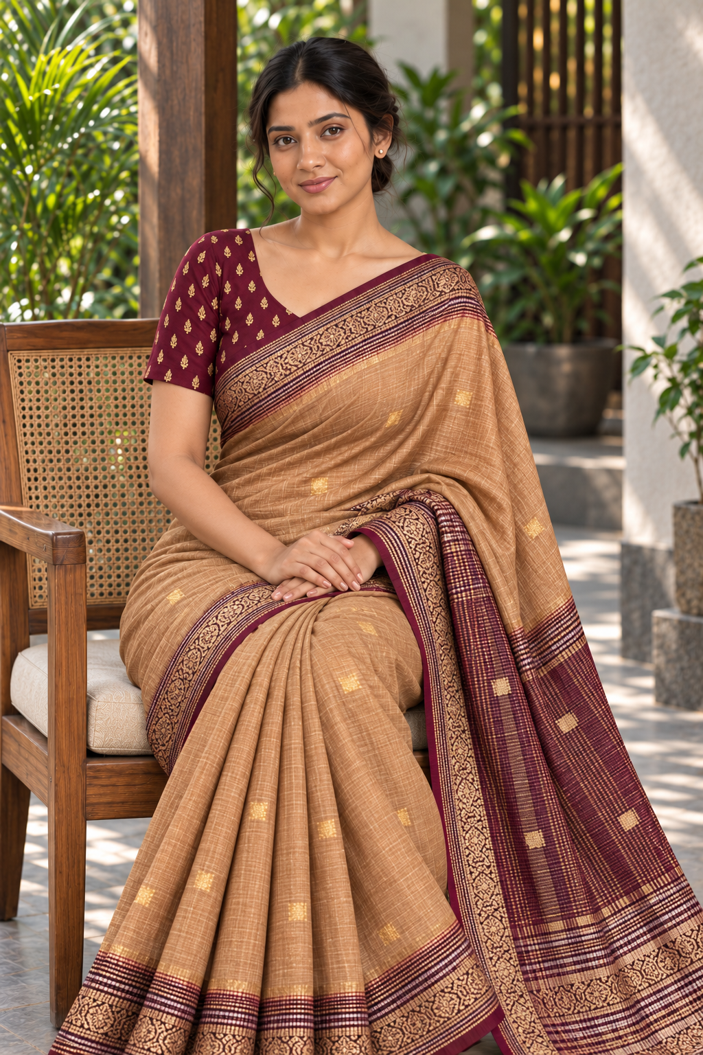 Brown & Gold Dharmavaram Pattu Saree with Maroon Border — seated model and fabric detail