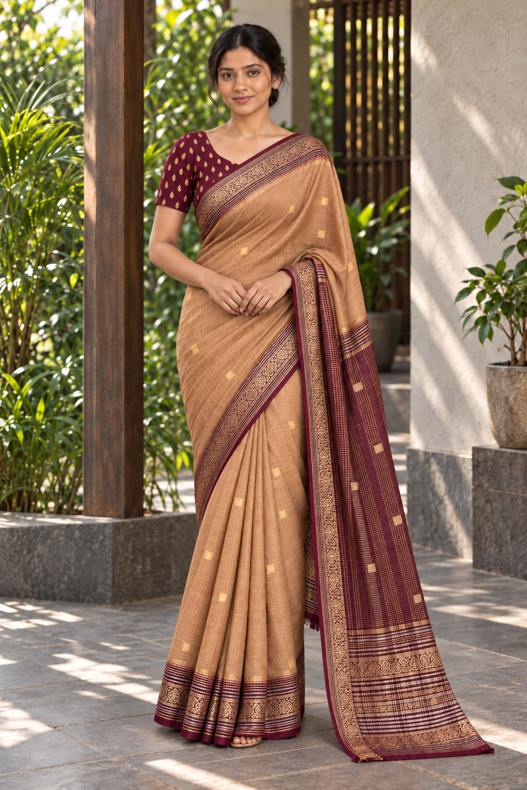 Brown & Gold Dharmavaram Pattu Saree with Maroon Border — full-length drape