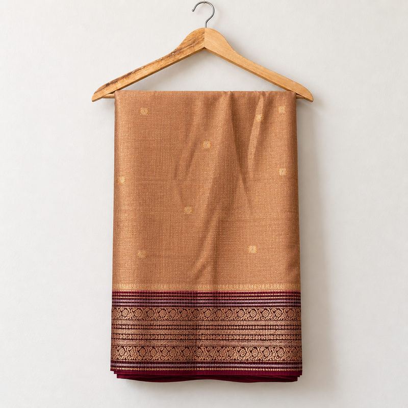 Brown & Gold Dharmavaram Pattu Saree with Maroon Border — body and border on a wooden hanger