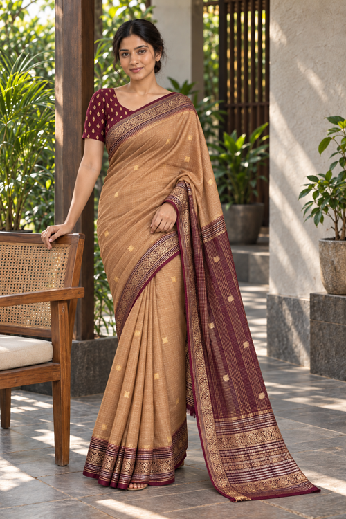 Brown & Gold Dharmavaram Pattu Saree with Maroon Border — lifestyle model view