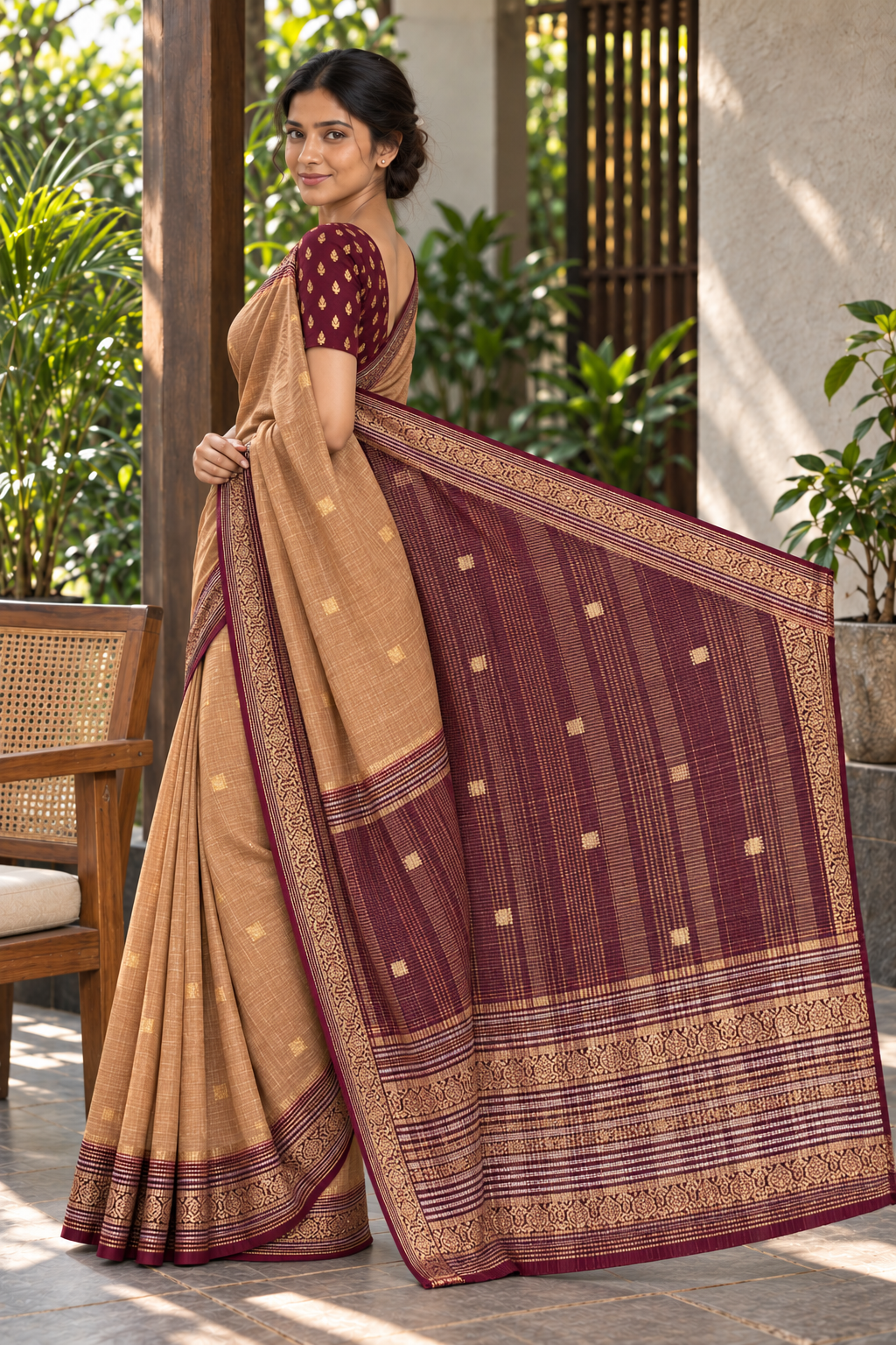 Brown & Gold Dharmavaram Pattu Saree with Maroon Border — pallu displayed on model
