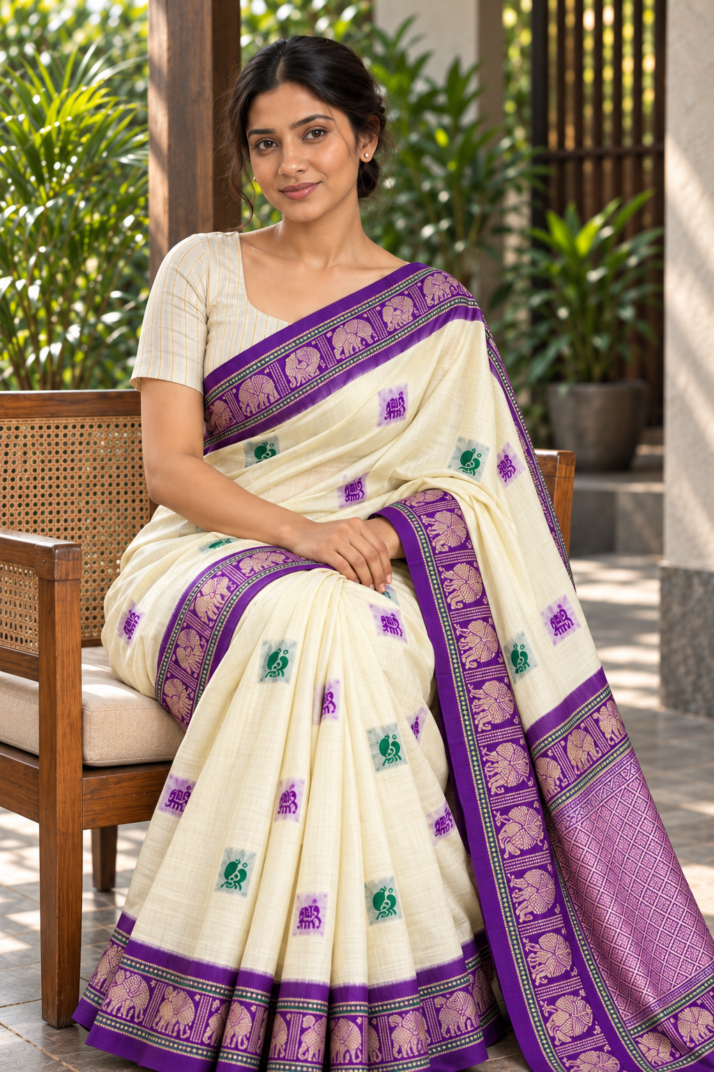 Cream Gadwal Silk Saree with Purple Border & Woven Motifs — seated model and fabric detail