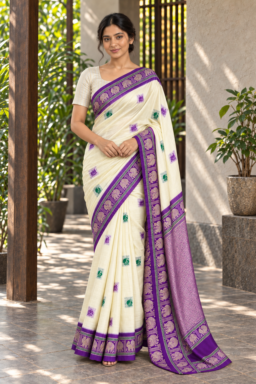 Cream Gadwal Silk Saree with Purple Border & Woven Motifs — full-length drape