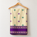 Cream Gadwal Silk Saree with Purple Border & Woven Motifs — body and border on a wooden hanger