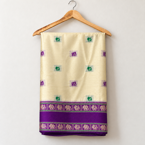 Cream Gadwal Silk Saree with Purple Border & Woven Motifs — body and border on a wooden hanger