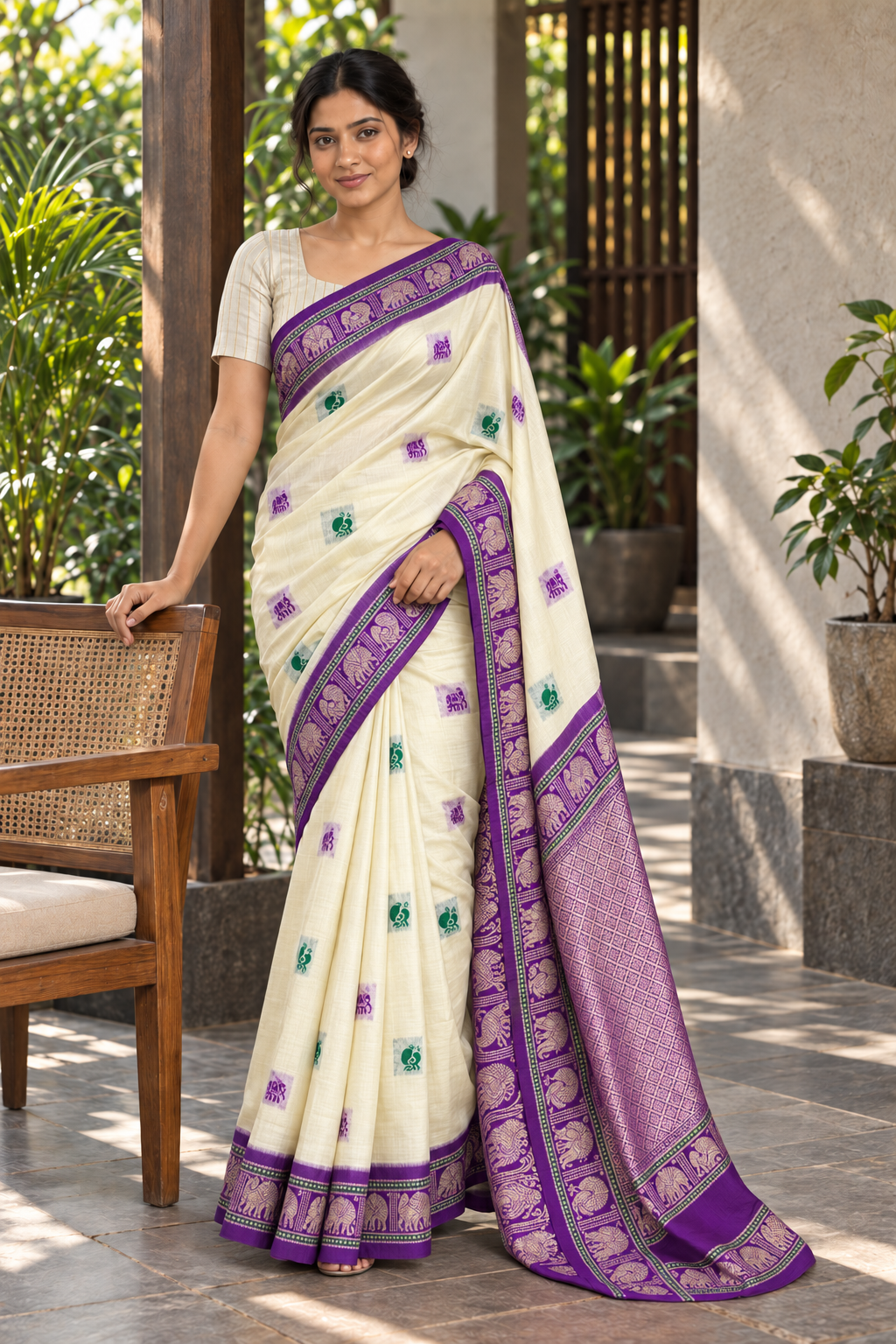 Cream Gadwal Silk Saree with Purple Border & Woven Motifs — lifestyle model view