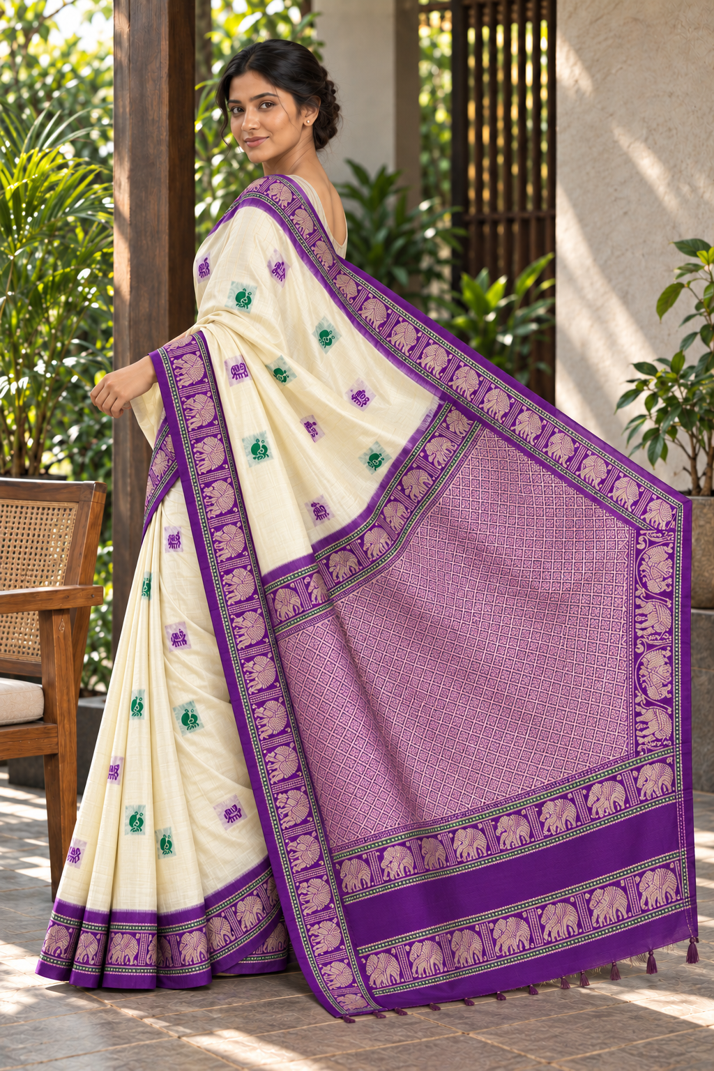 Cream Gadwal Silk Saree with Purple Border & Woven Motifs — pallu displayed on model
