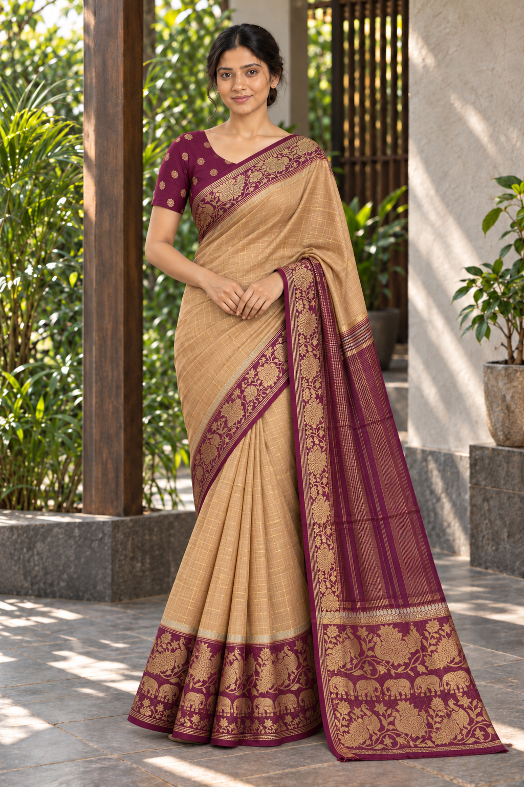 Brown & Gold Chettinad Silk Saree with Plum Peacock & Elephant Border — full-length drape