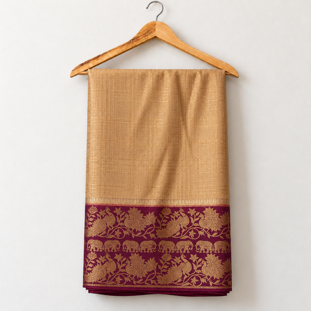 Brown & Gold Chettinad Silk Saree with Plum Peacock & Elephant Border — body and border on a wooden hanger