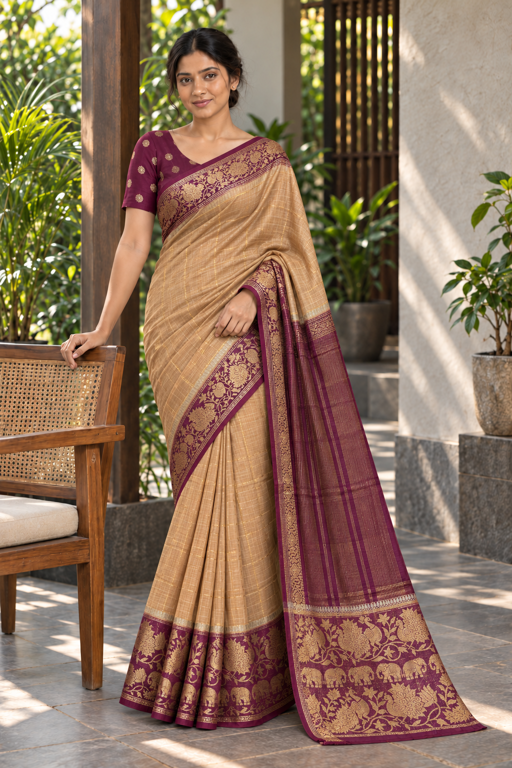 Brown & Gold Chettinad Silk Saree with Plum Peacock & Elephant Border — lifestyle model view