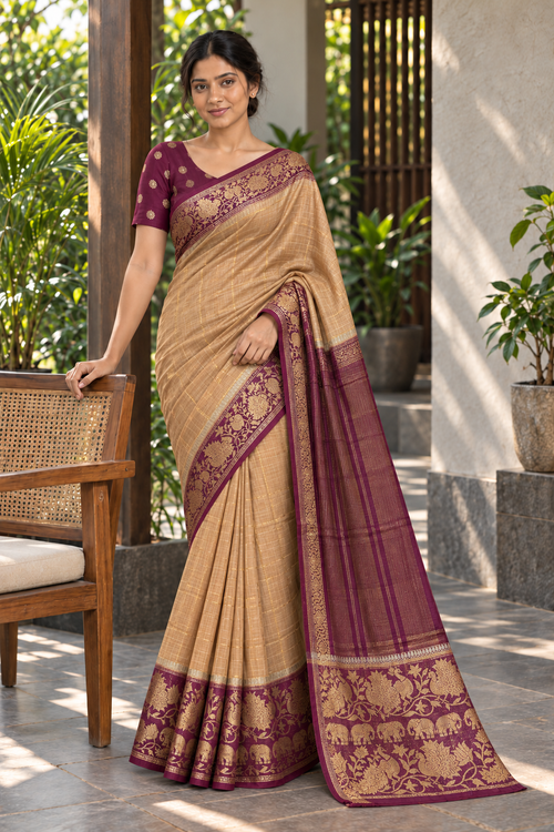 Brown & Gold Chettinad Silk Saree with Plum Peacock & Elephant Border — lifestyle model view