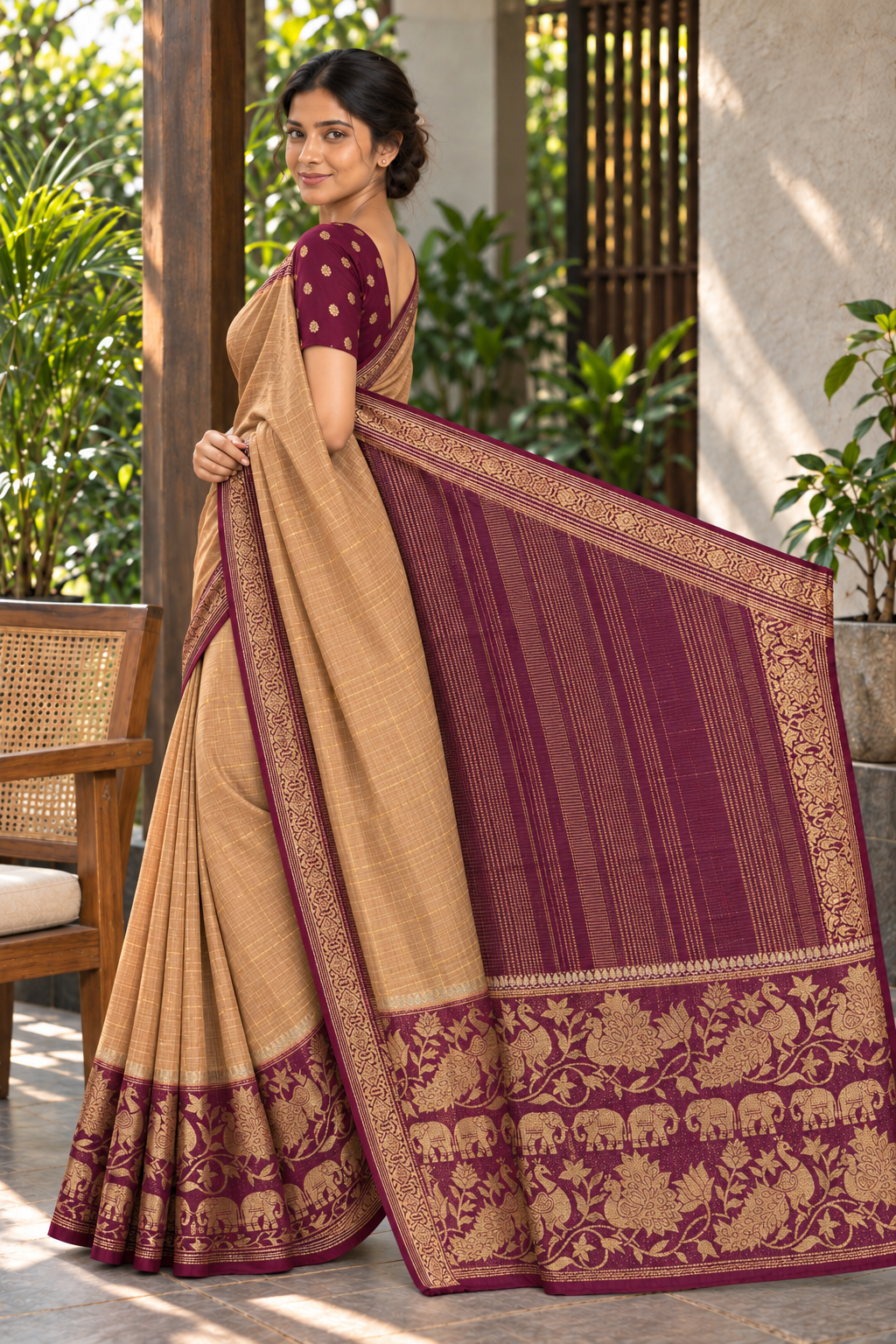 Brown & Gold Chettinad Silk Saree with Plum Peacock & Elephant Border — pallu displayed on model