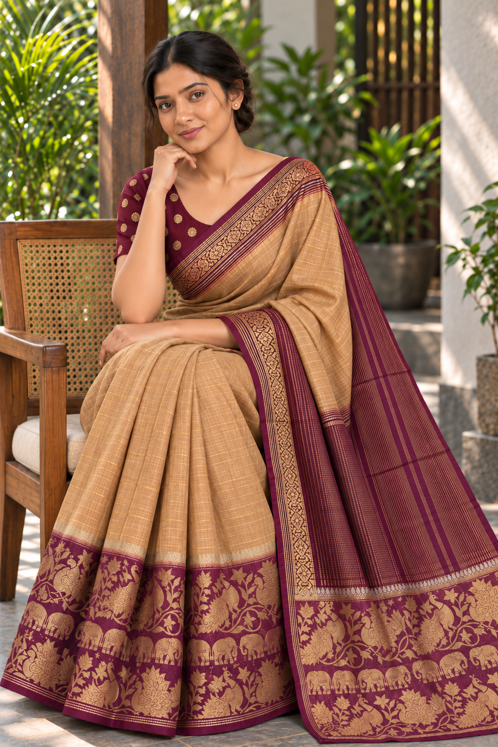 Brown & Gold Chettinad Silk Saree with Plum Peacock & Elephant Border — seated model and fabric detail
