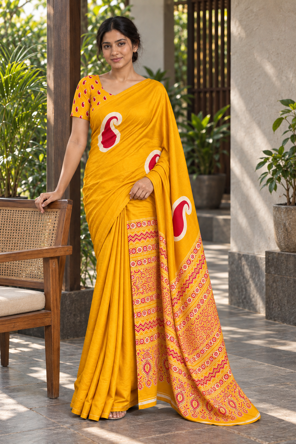 Golden yellow semi modal silk saree with crimson mango motifs and matching yellow Ajrak pallu, model lifestyle view
