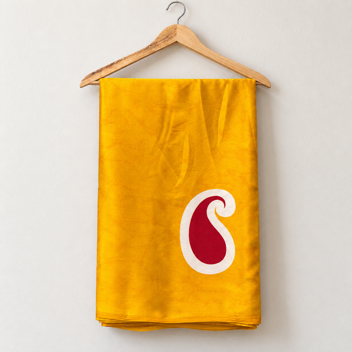 Golden Yellow semi modal silk saree with crimson and cream raw mango leaf motif