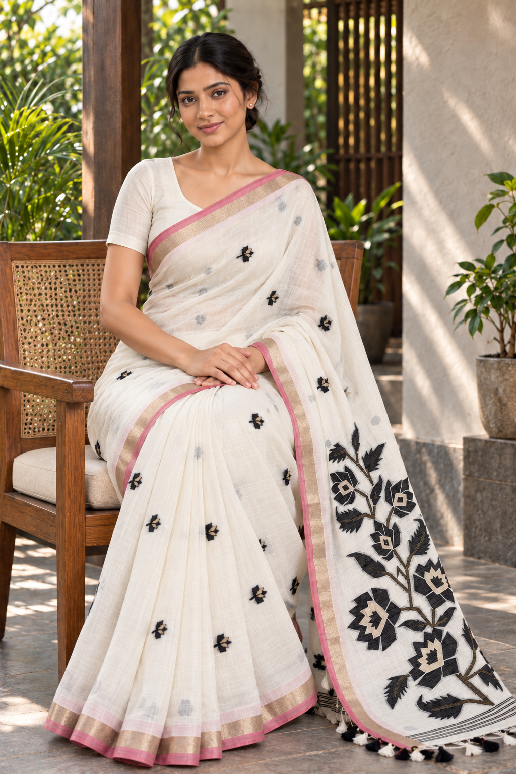 Ivory Jamdani Saree with Black Floral & Bird Pallu — seated model and fabric detail